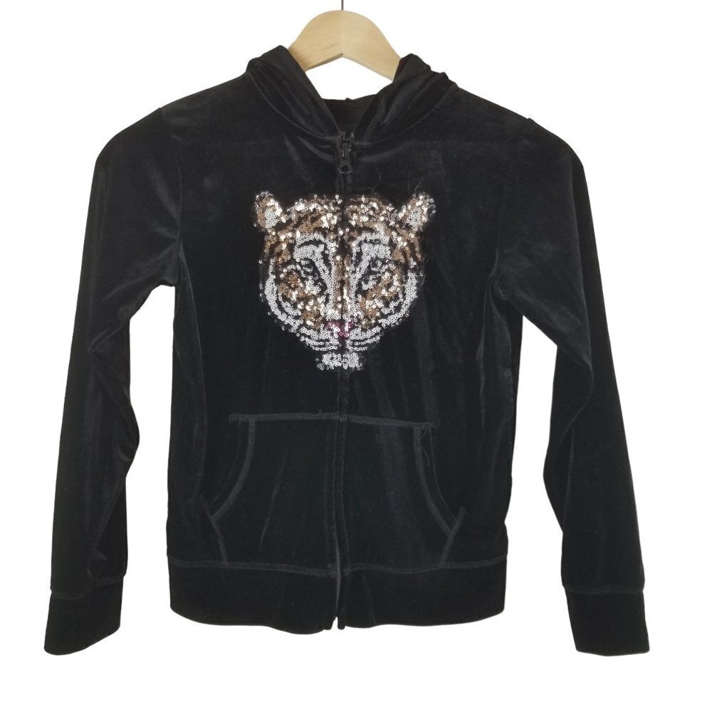 CHILDRENS Place Jacket Girls Medium 7-8 Black Velour‎ Sequin Tiger Full Zip Hood
